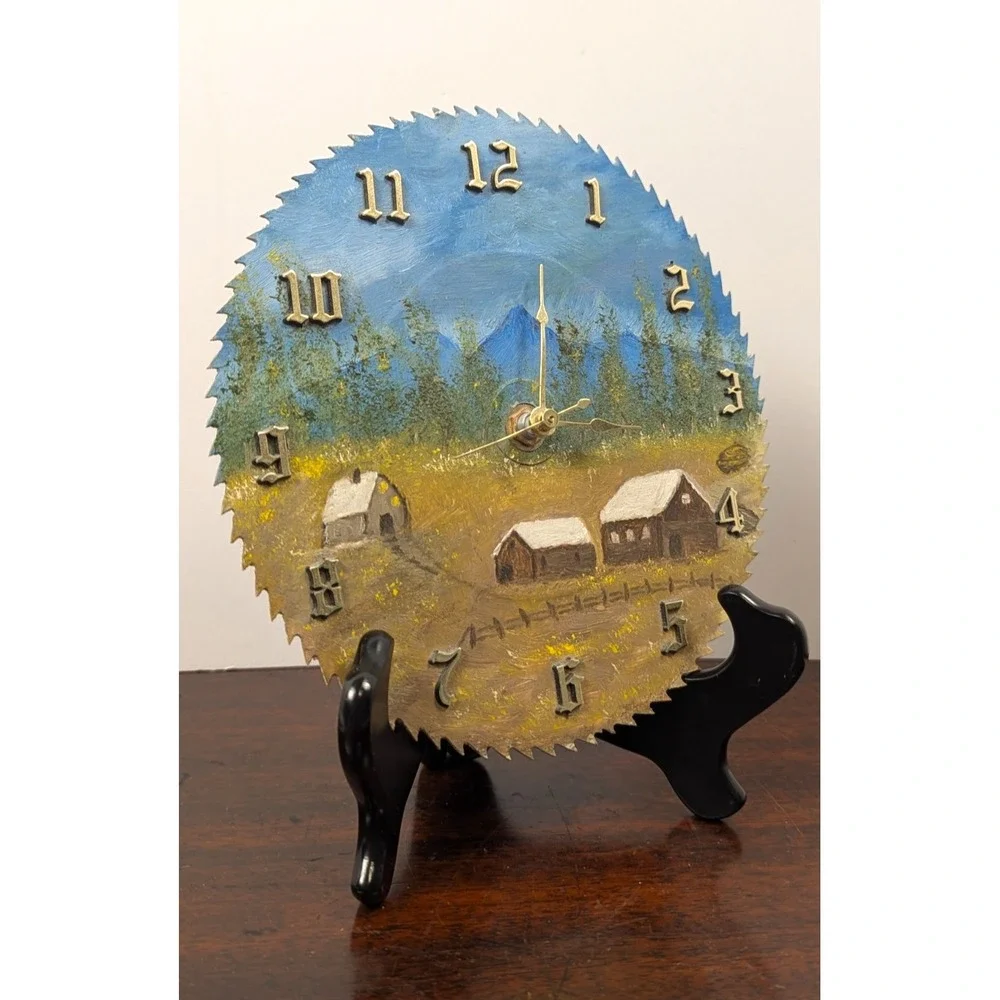 Hand Painted Circular Saw Blade‎ Wall Clock Rustic Cabin Mountain Folk Art 8in